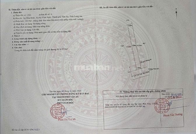 Bán đất lô đất thổ cư 877,9m2 mặt tiền Nguyễn Trần Văn Ngà, TP.Tân An