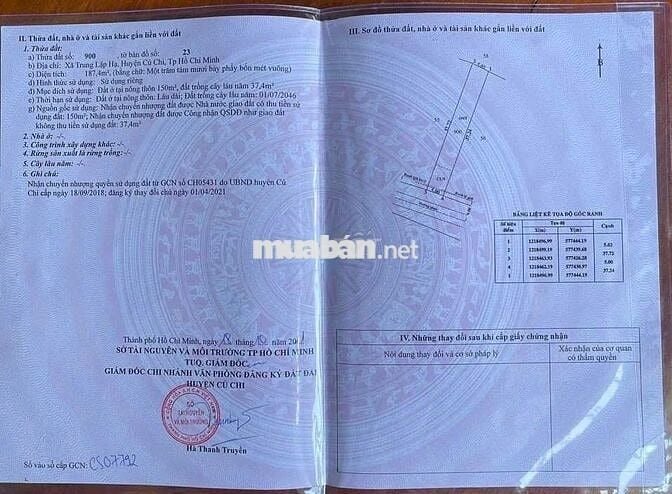 BÁN ĐẤT: 187m2 thổ cư Trung Lập Hạ - SHR