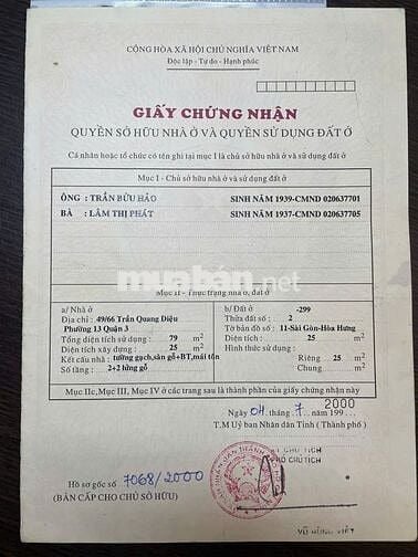 Bán nhà mặt tiền 59/5 Trần Quang Diệu, Q3, giá 6.9 tỷ, HH 1%