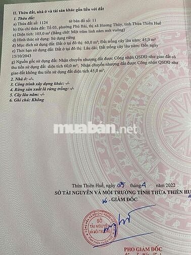 Đất trung tâm Thị Xã Hương Thuỷ