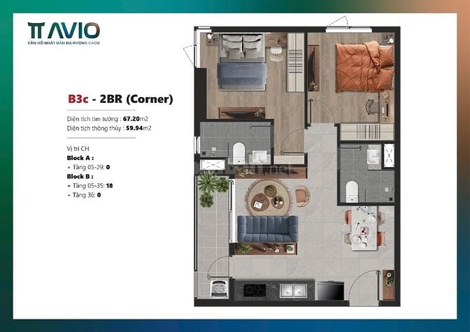 Chính chủ cần bán căn góc 2PN TT AVIO 67,2m2 giá tốt thị trường