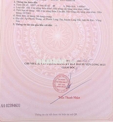Đất Long Đất - Tp.HCM 1000m2 có thổ cư chính chủ bán