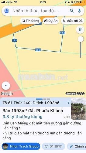 BÁN ĐẤT ĐẸP 1.993m² – MẶT TIỀN 68M – XÃ PHƯỚC KHÁNH, NHƠN TRẠCH ,ĐN.