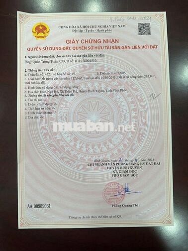 BÁN ĐẤT THÔN NGŨ HỒ- THIỆN KẾ - BÌNH XUYÊN - VĨNH PHÚC, 21tr/m