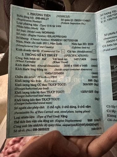 Chính chủ cần bán Kia Morning Van 2011, đăng ký lần đầu 2016