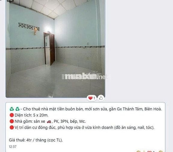 CHO THUÊ NHÀ PHƯỜNG TÂN BIÊN GIÁ 4 TRIỆU