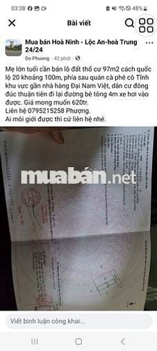 Đất sổ đỏ 97m2 gần Đại Nam Việt cây số 16