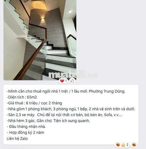 CHO THUÊ NHÀ PHƯỜNG TRUNG DŨNG GIÁ 8 TRIỆU