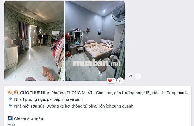 CHO THUÊ NHÀ PHƯỜNG THỐNG NHẤT GIÁ 4 TRIỆU