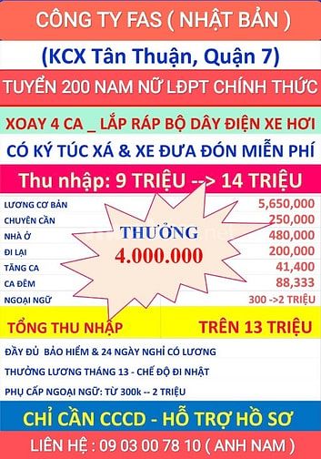 CÔNG TY FAS TUYỂN 100 NAM NỮ LĐPT LÀM CHÍNH THỨC 