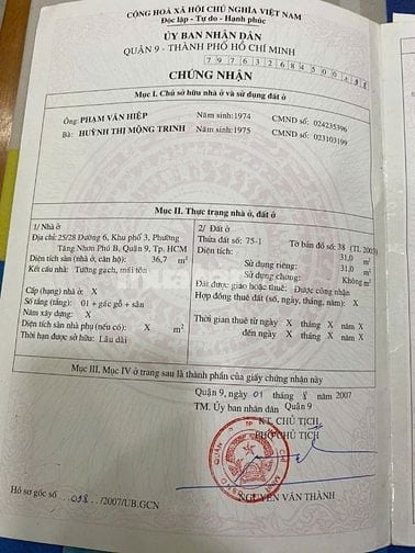 Bán nhà chính chủ 25/28 đường 6, P.Tăng Nhơn Phú B, Quận 9, hẻm xe hơi