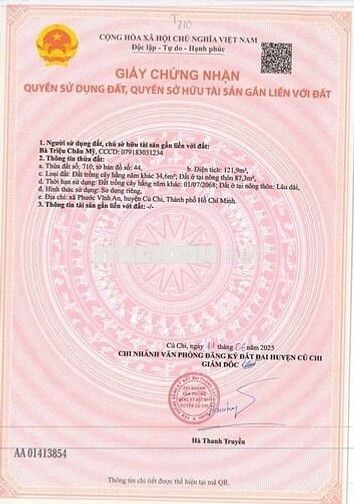 Đất mặt tiền đường nhựa Lê Thị Hoa - Phước Vĩnh An: 121m2-Giá 1 tỷ 700