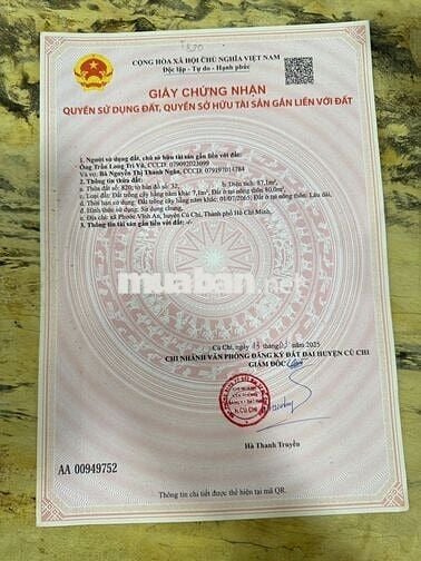 Đất mặt tiền đường nhựa số 29-Phước Vĩnh An: 87m2 (6x15). Giá 1 tỷ 290