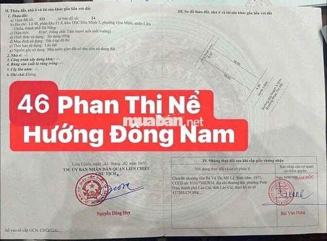 Bán lô đất MT Phan Thị Nể Hoà Minh Liên Chiểu