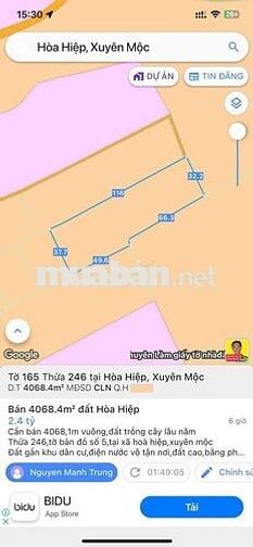 Cần bán 4068,1m vuông,đất trồng cây lâu năm tại xã Hòa Hiệp,( Bà rịa