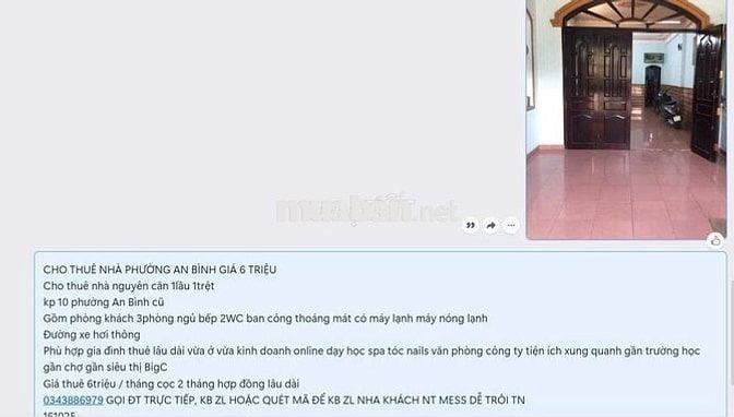 CHO THUÊ NHÀ PHƯỜNG AN BÌNH GIÁ 6 TRIỆU