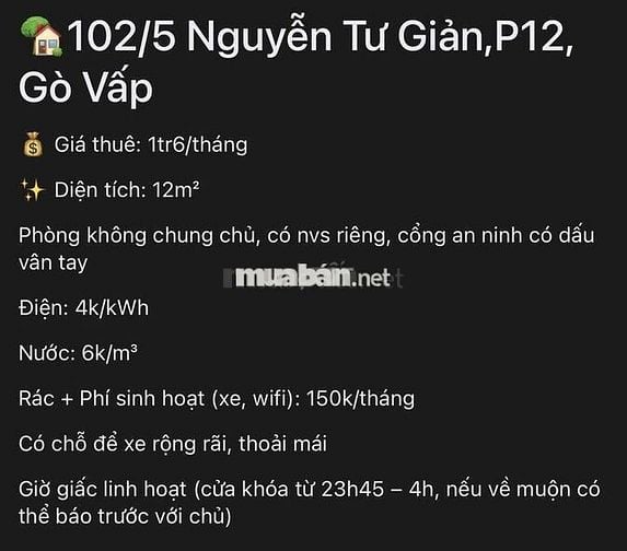 1tr6 Phòng trọ 12m2 Nguyễn Tư Giản, Gò Vấp
