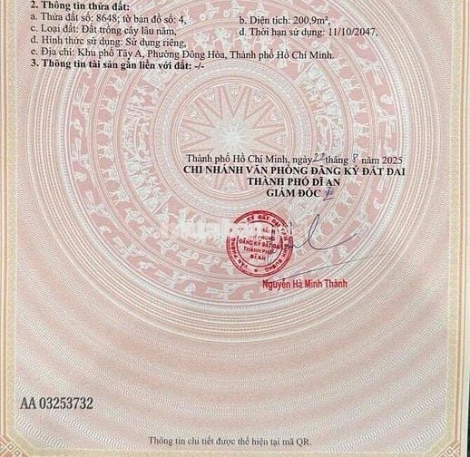 Đất Hẻm 1/ Võ Thị Sáu (Dĩ An) - Ngang 7.5m