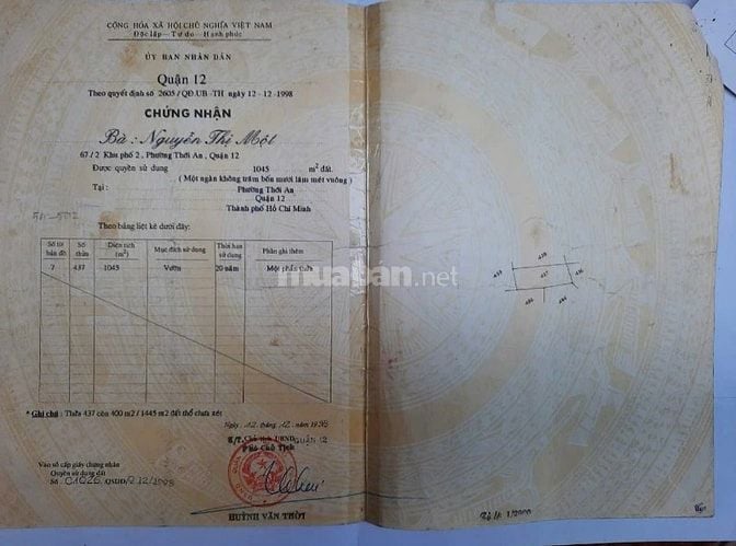 Cần bán lô đất vườn 1045m2, Thới An, Quận 12, Lê Thị Riêng đi vào