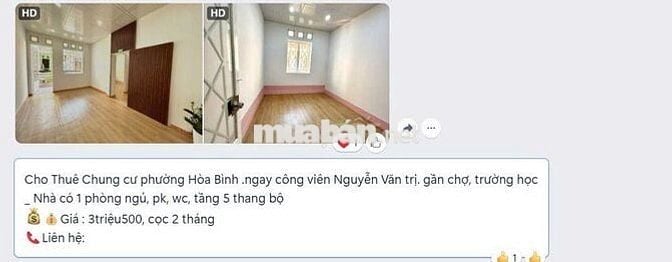 CHO THUÊ CHUNG CƯ PHƯỜNG HOÀ BÌNH GIÁ 3,5 TRIỆU