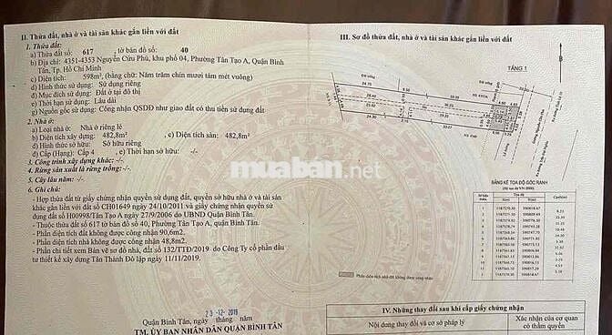 Bán 598 m2 đất ở đô thị mặt tiền đường Nguyễn Cửu Phú, Phường Tân Tạo