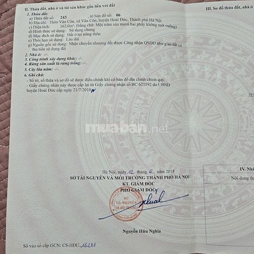 Bán đất 162m2 vuông vắn đẹp, Vân Côn, Hoài Đức Bán đất 162m2 vuông vắn đẹp, Vân Côn, Hoài Đức