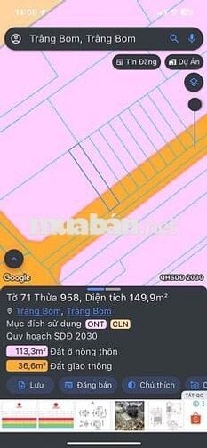 BÁN ĐẤT CHÍNH CHỦ 5X29M THỔ CƯ ĐƯỜNG BÊ TÔNG TRẢNG BOM