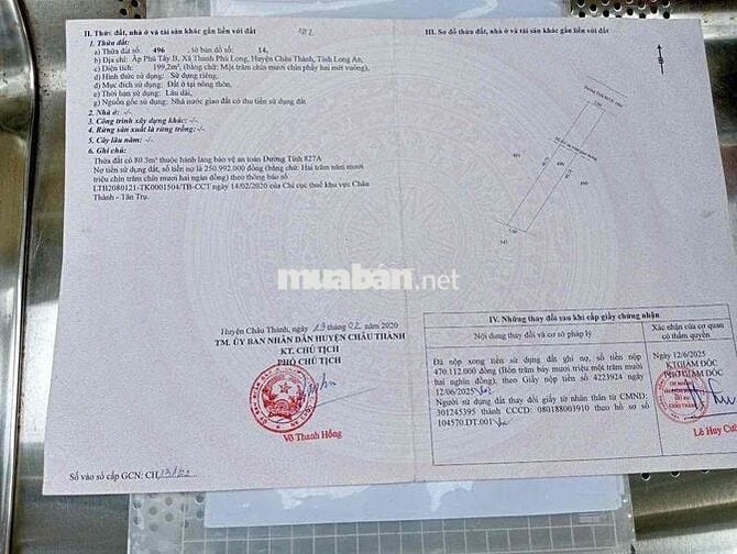Ban dất mặt tiền tinh lộ 827A đường nhựa 18 m Thanh phu Long - Long An