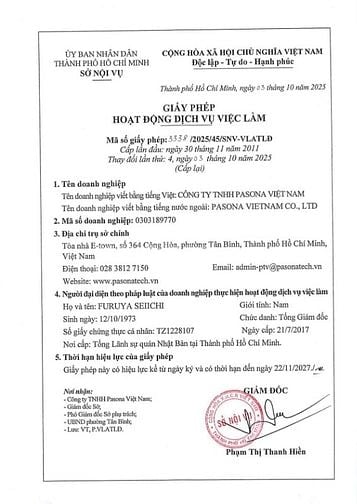 BỐ CÁO GIẤY PHÉP HOẠT ĐỘNG DỊCH VỤ VIỆC LÀM CTY TNHH PASONA VIỆT NAM