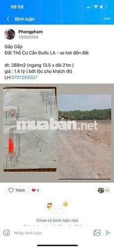 Đất sổ đỏ 288m2 thổ cư, đường huyện 24,Cần Đước, long an
