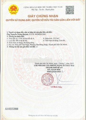 Bán đất 133m ngang 6x23 Tại Tân Đông Hiệp- Hồ Chí Minh