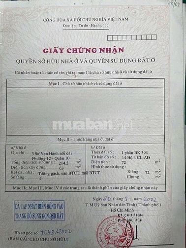 BÁN NHÀ KHÁCH SẠN MẶT TIỀN : 347 SƯ VẠN HẠNH - P. 12 - Q. 10 - TPHCM