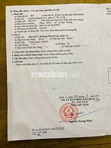Chính chủ cần bán lô đất mặt tiềnTL 44, Q12 . Diện tích 167m thổ cư