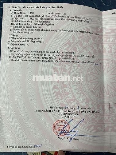 Chính Chủ Cần Bán 88m Đất Xuân Bách, Xã Quang Tiến, Sóc Sơn, Hà Nội