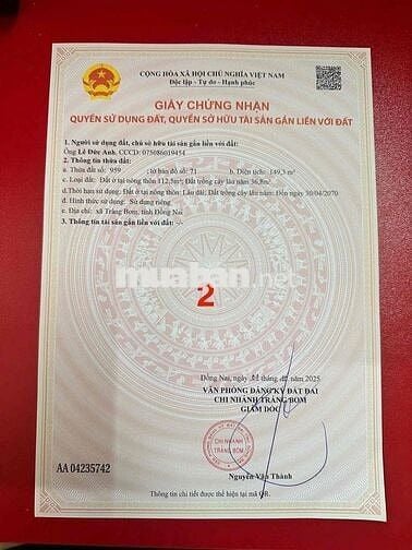 BÁN ĐẤT THỔ CƯ 5X29M SÁT CHỢ SÔNG TRẦU TRẢNG BOM ĐN