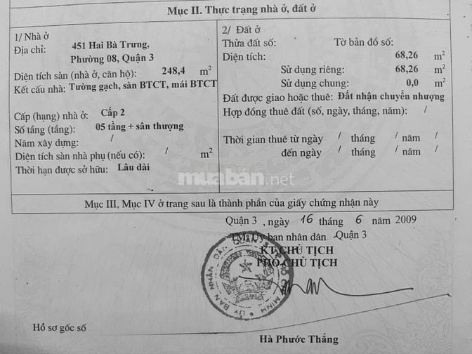 BÁN NHÀ MẶT TIỀN : 451 HAI BÀ TRƯNG - P. 8 - Q. 3 - TPHCM