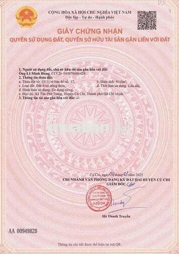 CÒN 1 LÔ CUỐI. TÂN PHÚ TRUNG-CỦ CHI. CHỈ TỪ 600Triệu (80m2) FULL THỔ