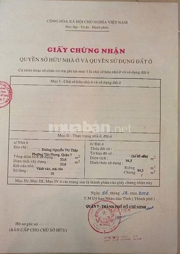 BÁN NHÀ MẶT TIỀN : 377 NGUYỄN THỊ THẬP - P. TÂN PHONG - Q. 7 - TPHCM