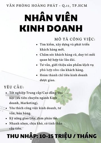 TUYỂN DỤNG NHÂN SỰ GẤP ( 8-12 TRIỆU/ THÁNG + THƯỞNG ) - NHẬN VIỆC NGAY