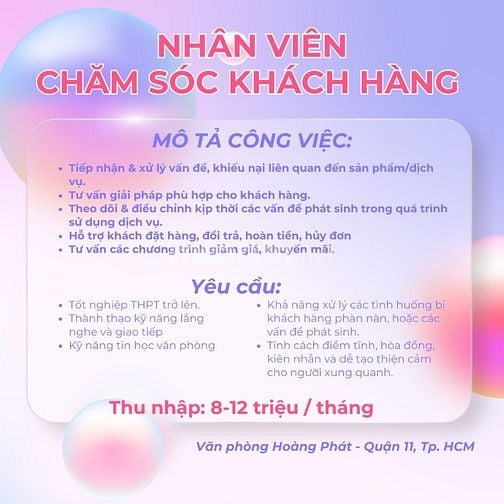 TUYỂN DỤNG NHÂN SỰ GẤP ( 8-12 TRIỆU/ THÁNG + THƯỞNG ) - NHẬN VIỆC NGAY