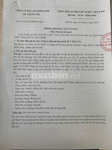 CÔNG TY ĐẤU GIÁ HỢP DANH SỐ 1 QUỐC GIA THÔNG BÁO BÁN ĐẤU GIÁ TÀI SẢN 