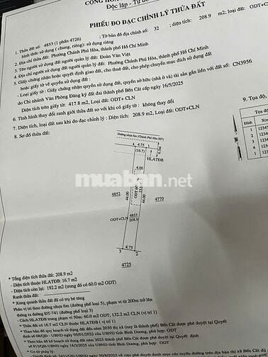 BÁN ĐẤT NGAY PHƯỜNG CHÁNH PHÚ HÒA – BẾN CÁT 1TY1/LÔ 208M2 THỔ CƯ 60M2