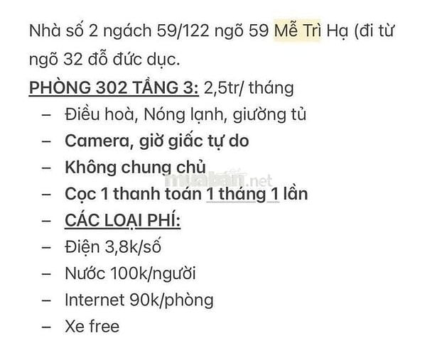 Phòng Trọ Mễ Trì Hạ, full nội thất