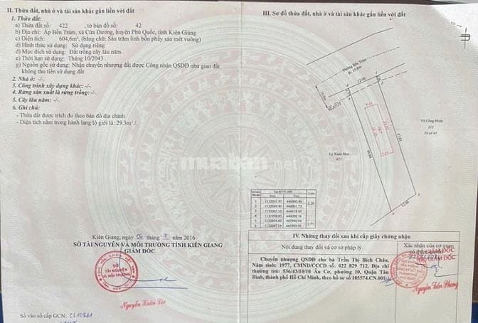 Cần bán lô Đất thổ cư Mặt tiền 12m Bến Tràm, Phú Quốc, Kiêng Giang