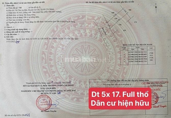 Tôi đang cần tiền, bán gấp lô Củ Chi Tân An Hội, DT 5x17,5m2, giá 790 