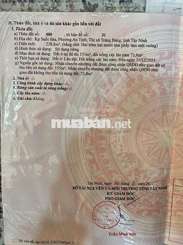 Bán đất 228m2 thổ cư ngay chợ Suối Sâu TX Trảng Bàng, giá 450tr shr