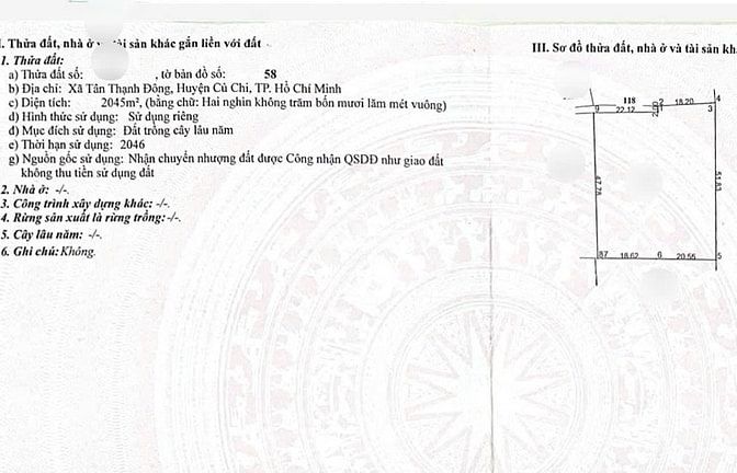 Cần bán 2045m2 đất trồng cây lâu năm,Tân Thạnh Đông, Củ Chi giá 1ty700