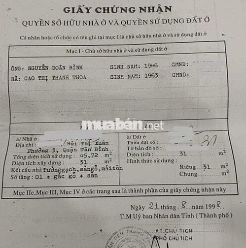 31m2 BÙI THỊ XUÂN TÂN BÌNH SỔ CHUẨN nhỉnh 3 tỷ