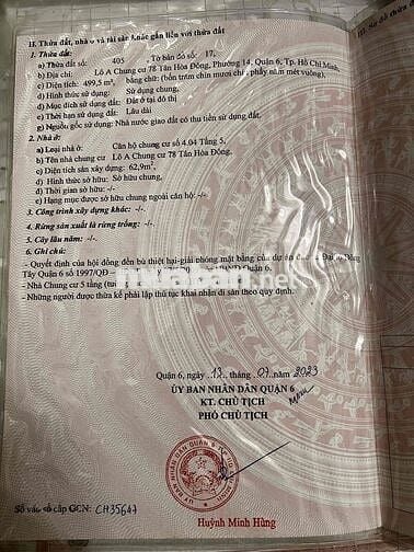 《BÁN GẤP》Căn hộ chung cư chính chủ lầu 4 - 2PN, 62,9 m2, C/c 78 Q.6