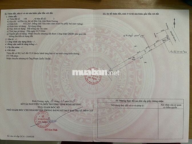 Đất sổ đỏ 585 m2 đường ĐT748, xã Phú An, TP Bến Cát, Bình Dương (cũ)